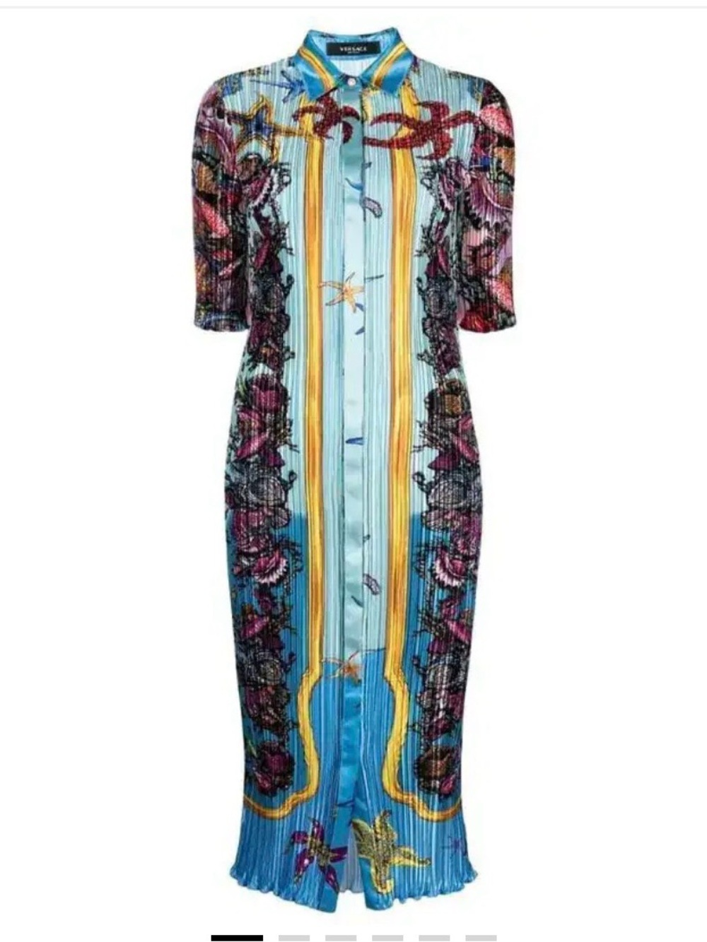 Versace Light Blue Multicolor Floral & Baroque Midi Shirt Dress